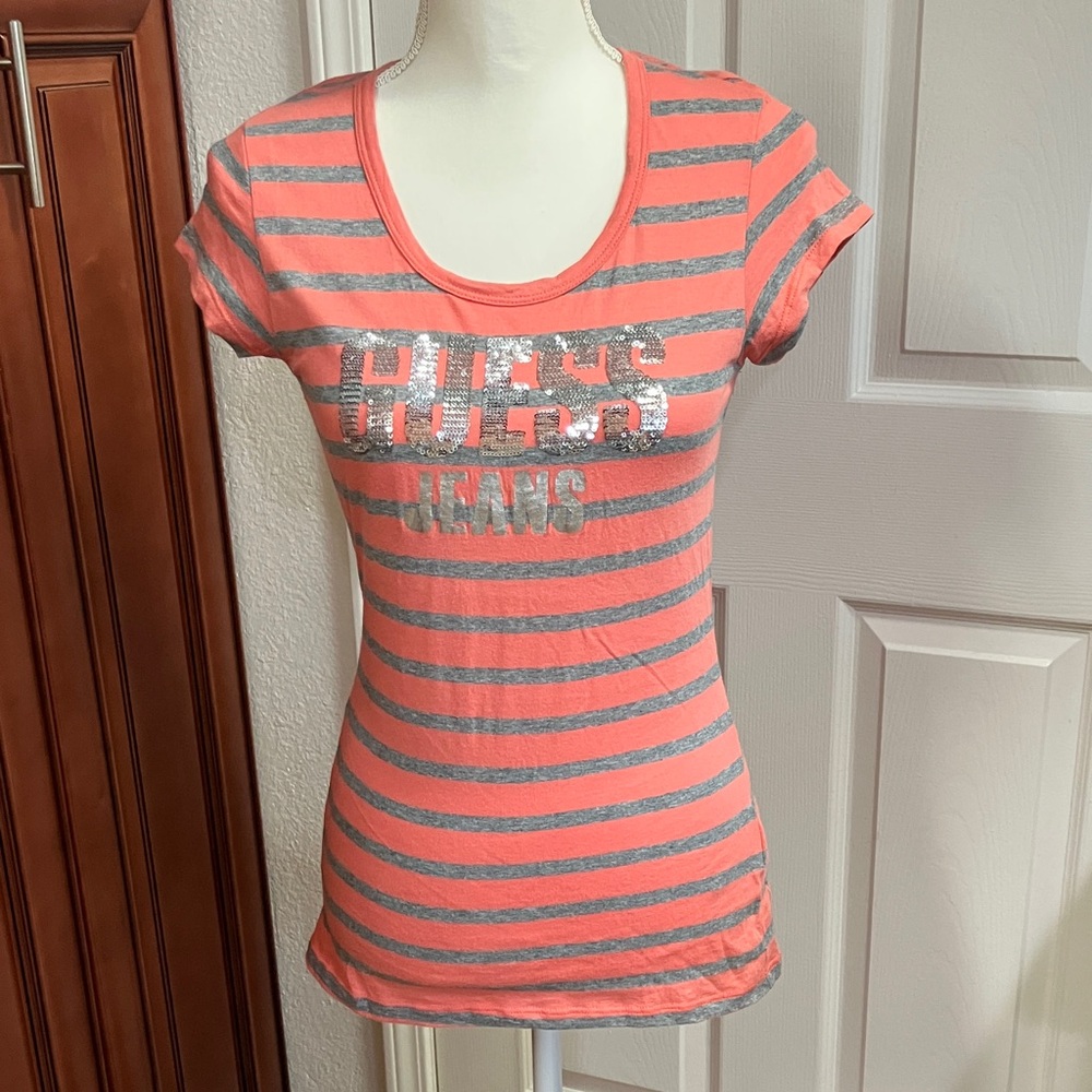 Y2k Guess 100%cotton Coral and Silver Striped Top blouse Size:M